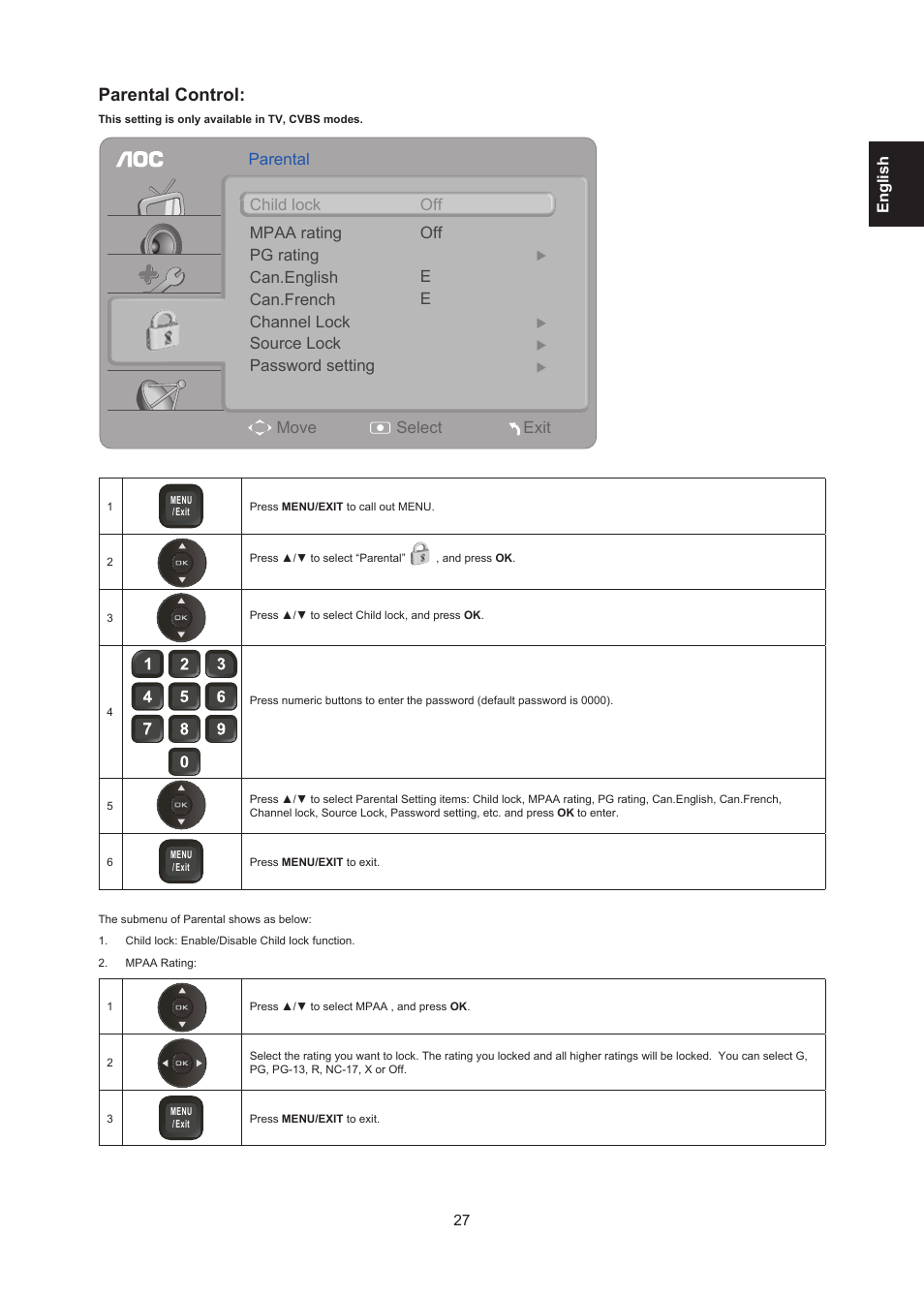 Parental control | AOC LE24H138 Manual User Manual | Page 27 / 32