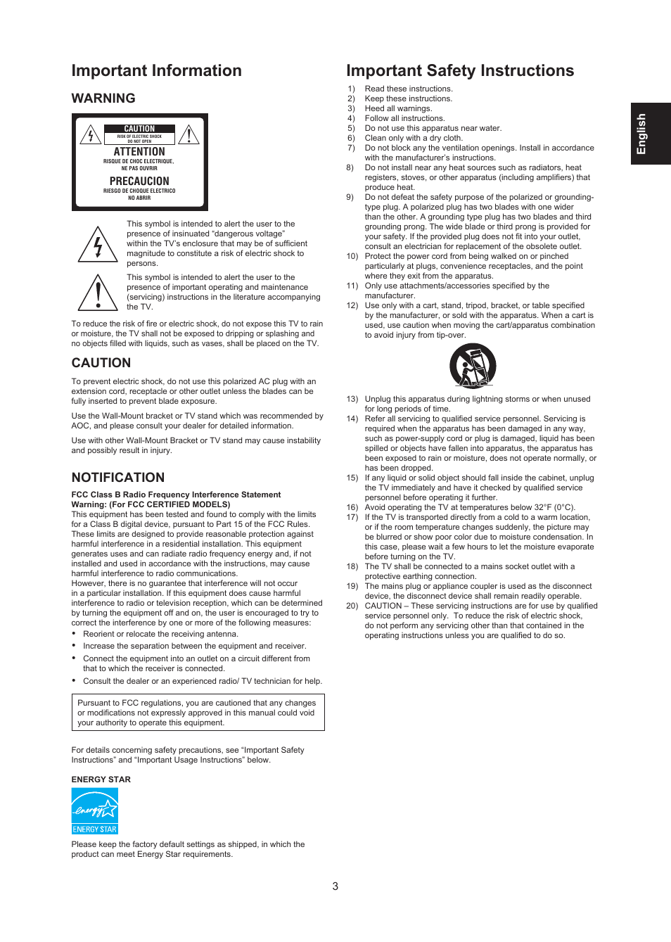 Important information, Important safety instructions, Warning | Caution, Notification, Englis h, Attention, Precaucion | AOC LE24H138 Manual User Manual | Page 3 / 32