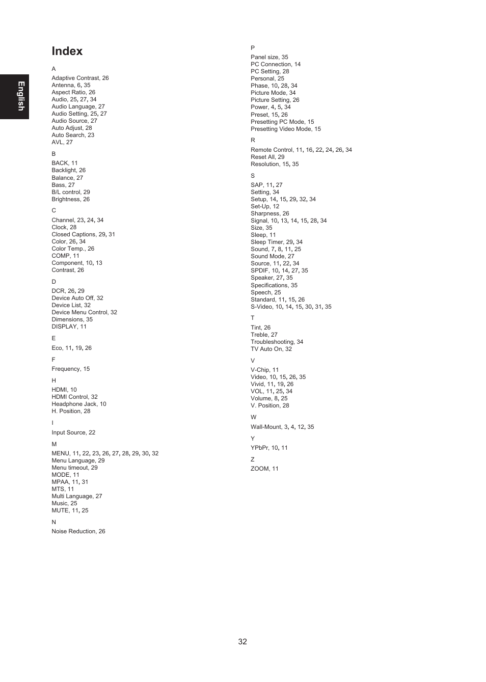 Index, English | AOC LE24H138 Manual User Manual | Page 32 / 32