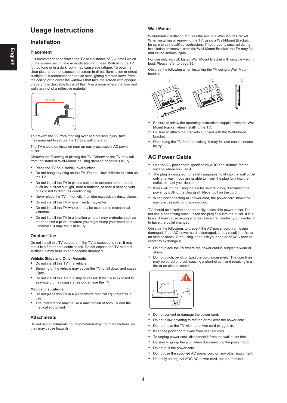 Usage instructions, Installation, Ac power cable | Englis h | AOC LE24H138 Manual User Manual | Page 4 / 32