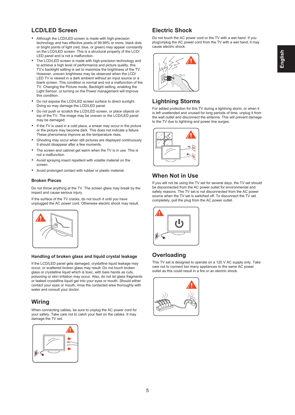 Lcd/led screen, Wiring, Electric shock | Lightning storms, When not in use, Overloading, Englis h | AOC LE24H138 Manual User Manual | Page 5 / 32