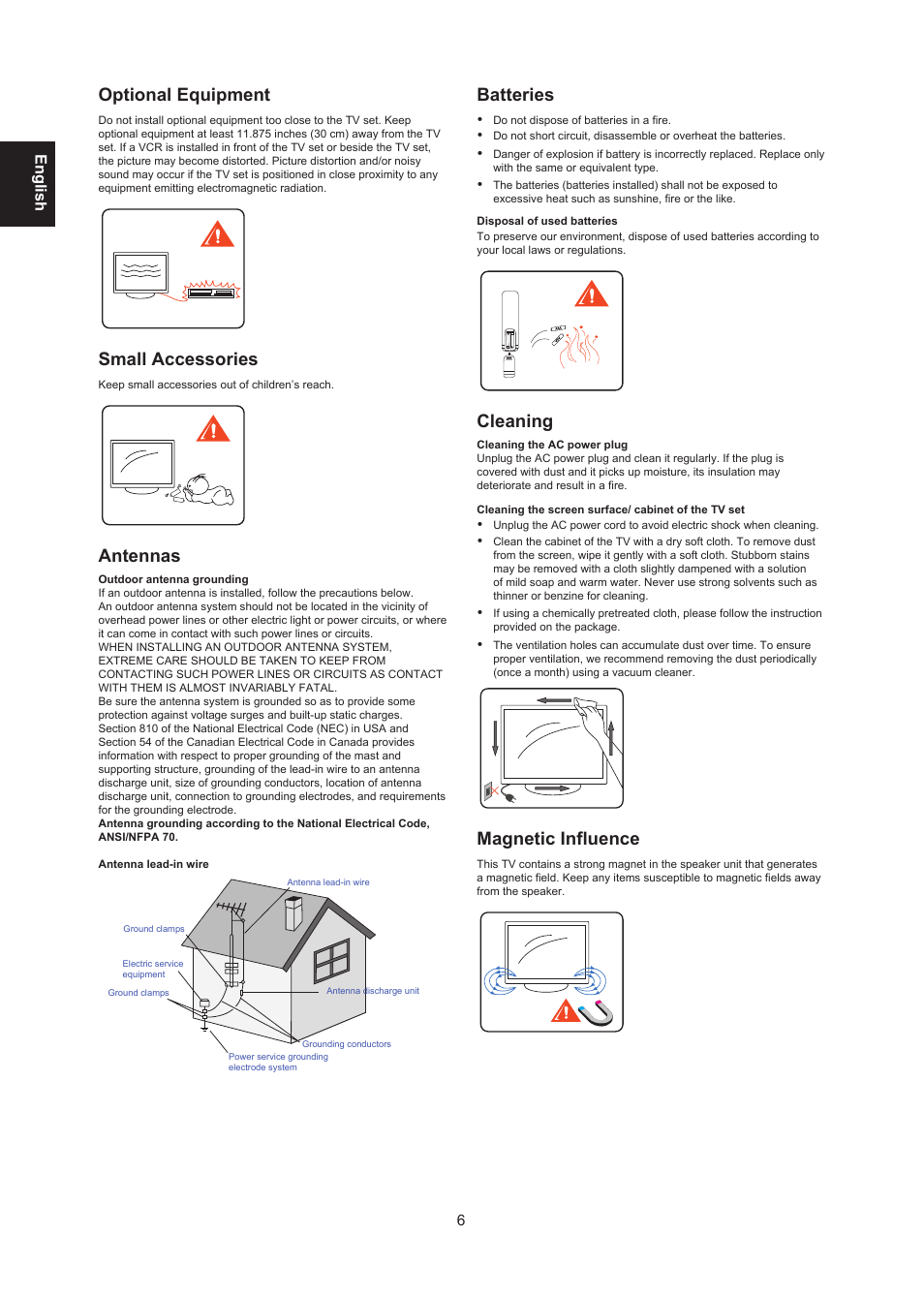 Optional equipment, Small accessories, Antennas | Batteries, Cleaning, Magnetic influence, Englis h | AOC LE24H138 Manual User Manual | Page 6 / 32