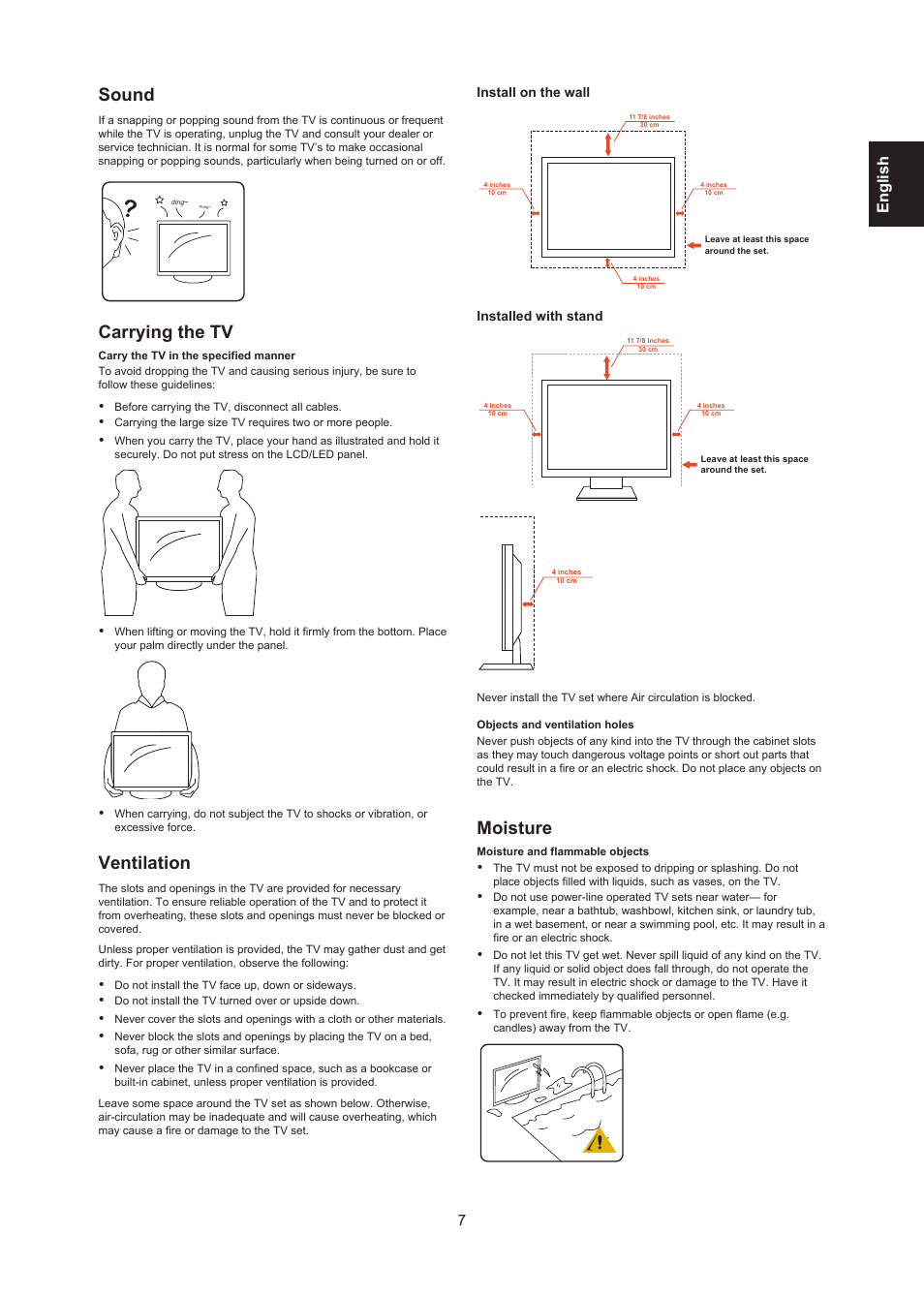 Sound, Carrying the tv, Ventilation | Moisture, Englis h | AOC LE24H138 Manual User Manual | Page 7 / 32