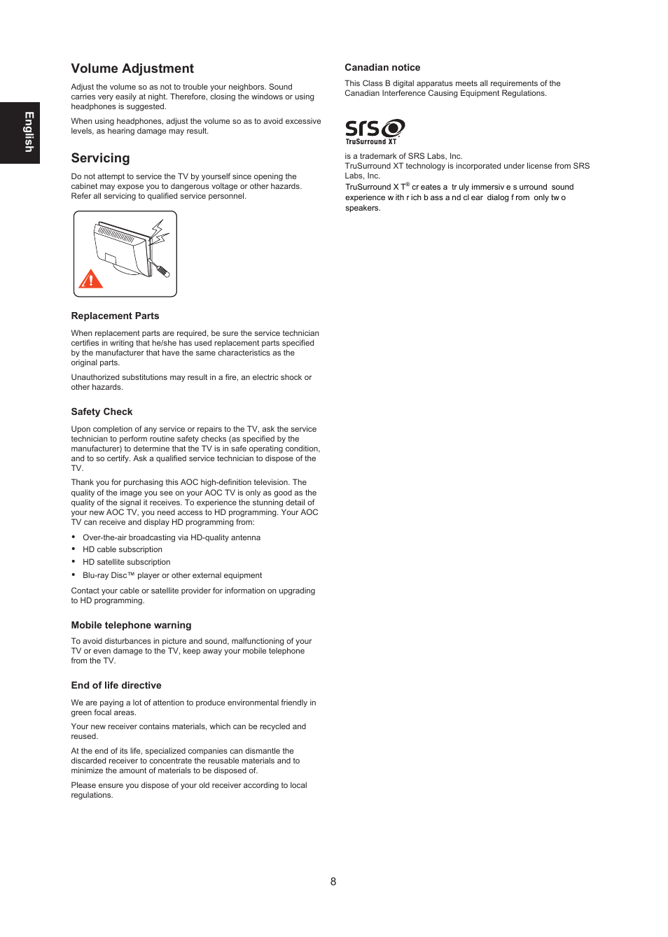 Volume adjustment, Servicing, Englis h | AOC LE24H138 Manual User Manual | Page 8 / 32