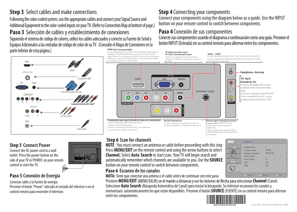 Step 4 connecting your components, Step 3 select cables and make connections, Paso 4 conexión de sus componentes | Step 5, Connect power conexión de energía, Paso 5, Step 6 scan for channels, Paso 6, Escaneo de los canales, Menu/exit channel | AOC LE24H138 Quick Start User Manual | Page 2 / 2