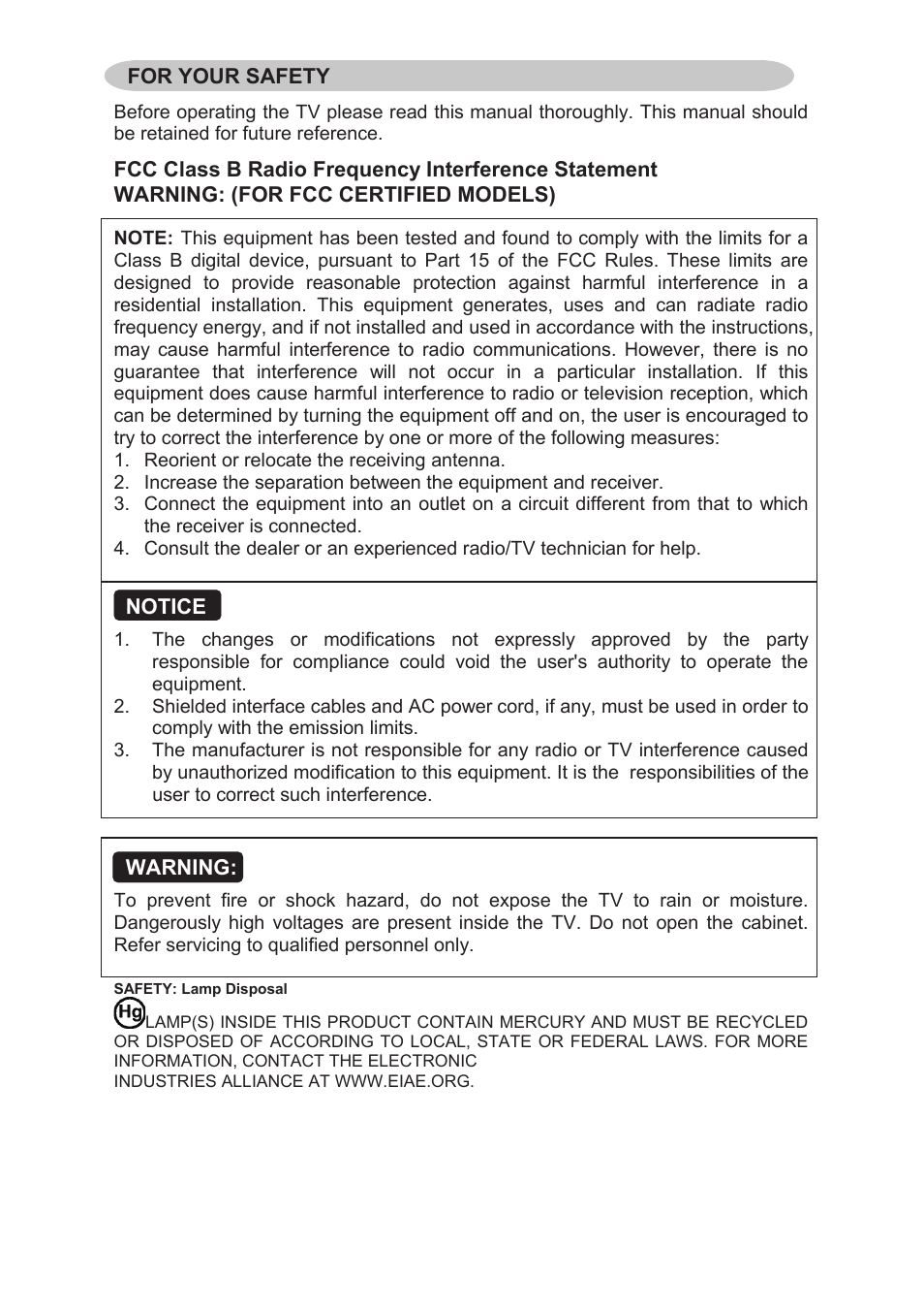 For your safety, Notice, Warning | AOC L26W898 User Manual | Page 3 / 37