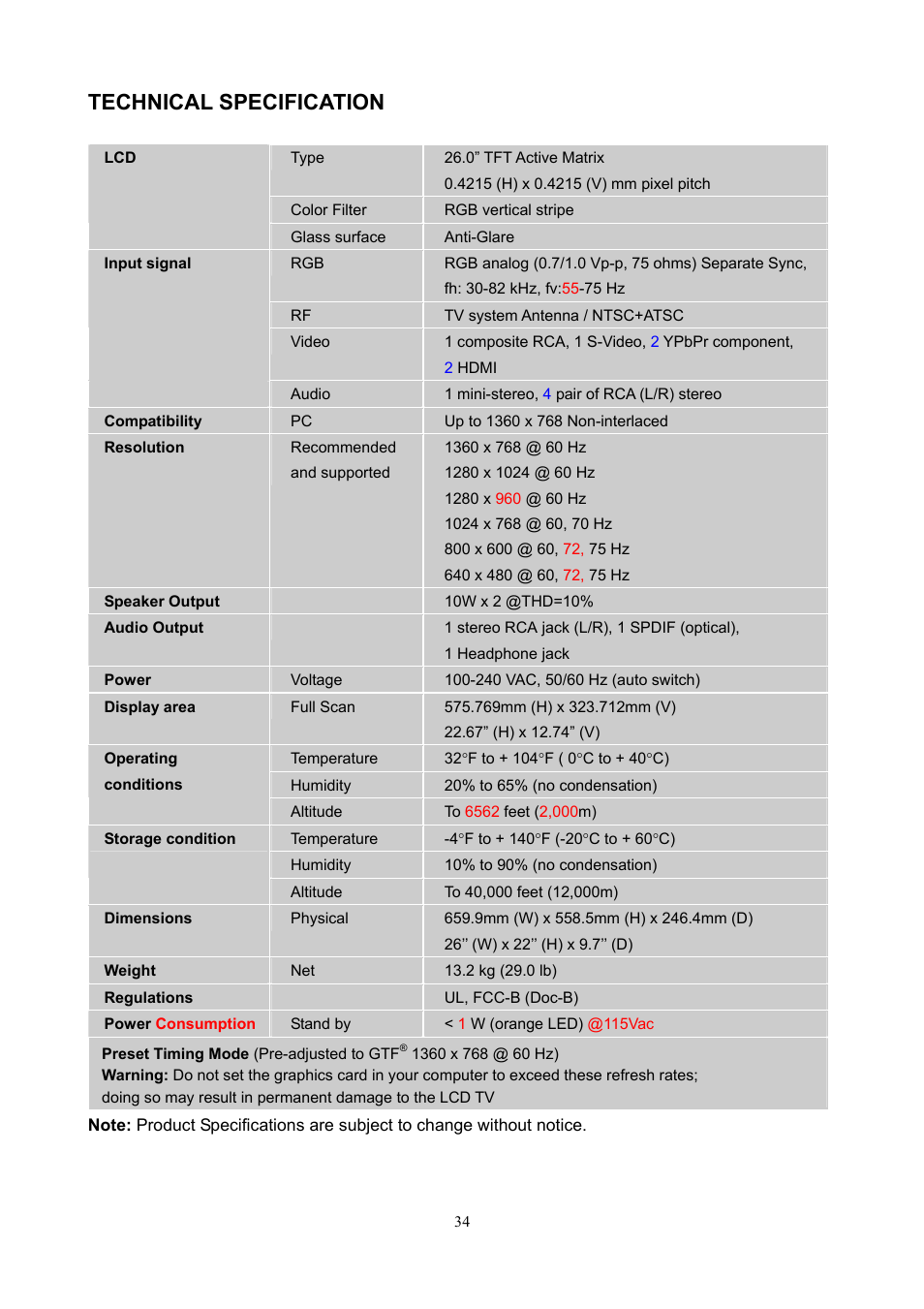 Technical specification | AOC L26W898 User Manual | Page 35 / 37