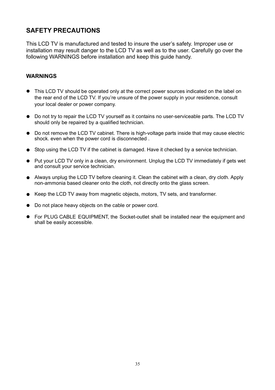 Safety precautions | AOC L26W898 User Manual | Page 36 / 37