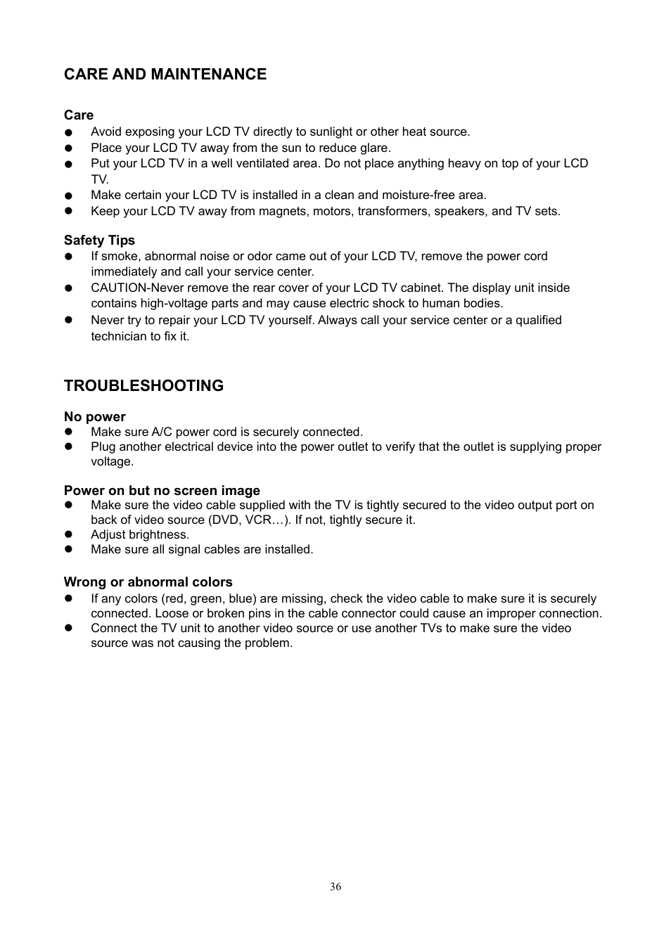 Care and maintenance, Troubleshooting | AOC L26W898 User Manual | Page 37 / 37