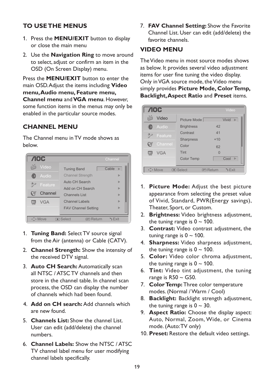 Channel menu, Video menu | AOC L42H961 User Manual | Page 21 / 29