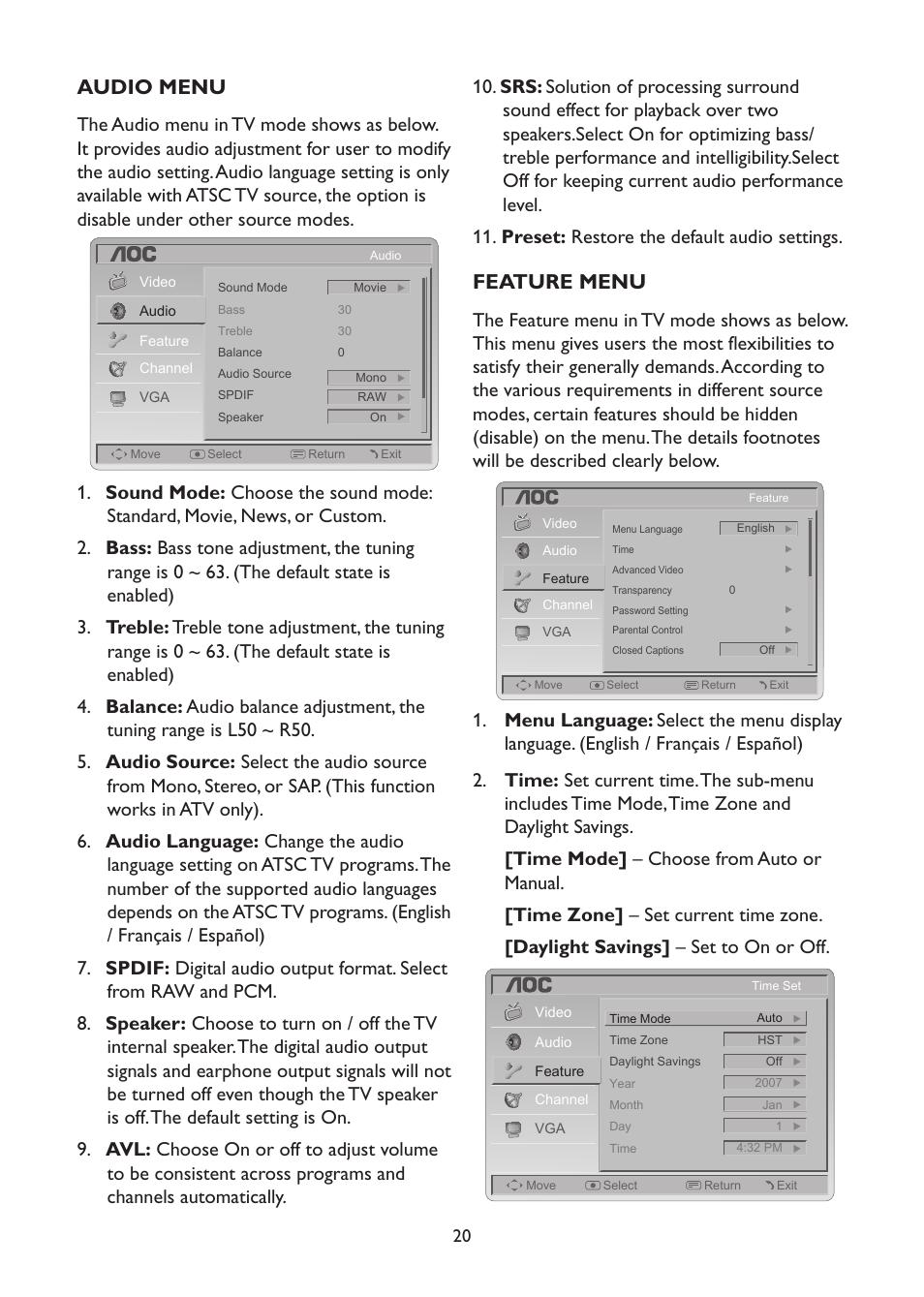 Feature menu, Audio menu | AOC L42H961 User Manual | Page 22 / 29