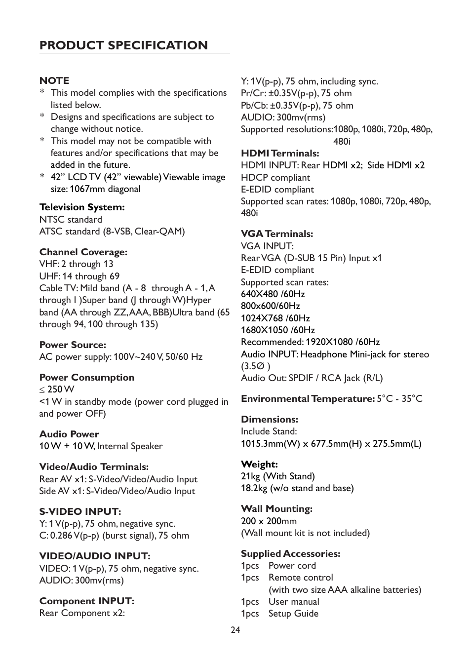 Product specification | AOC L42H961 User Manual | Page 26 / 29