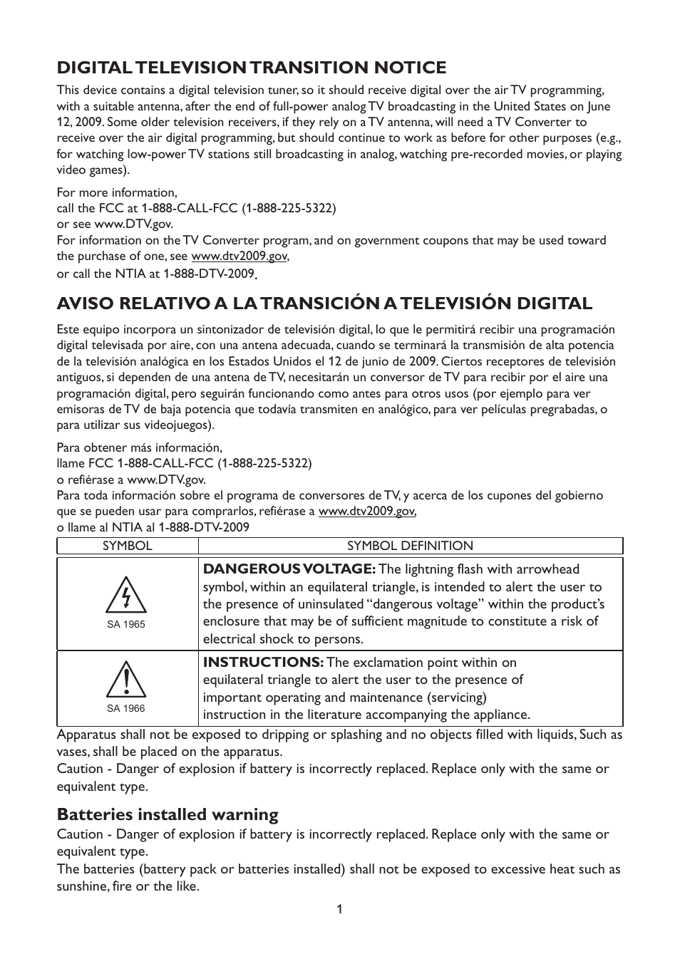 Digital television transition notice, Batteries installed warning | AOC L42H961 User Manual | Page 3 / 29