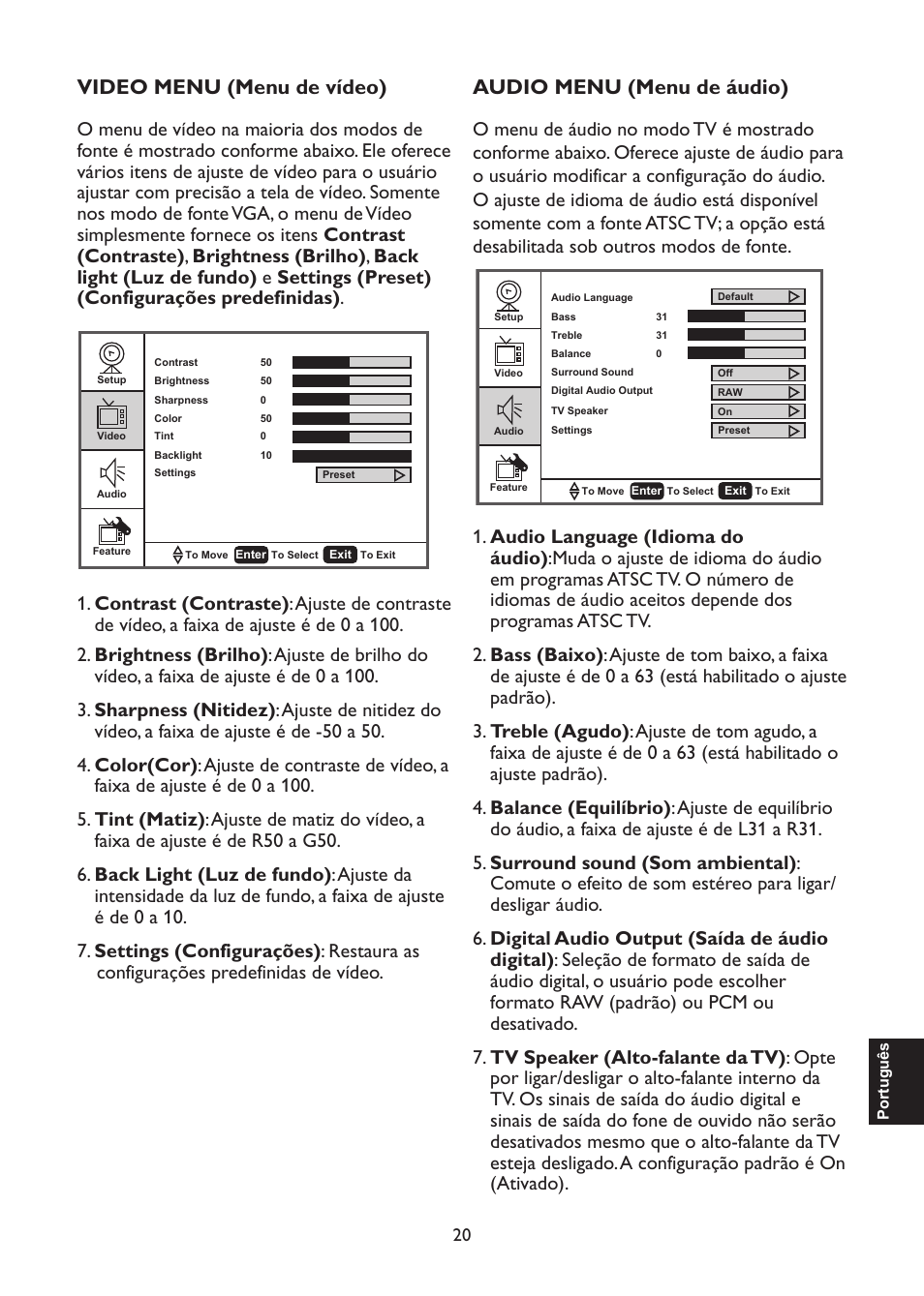 Video menu (menu de vídeo), Audio menu (menu de áudio) | AOC L47H861 User Manual | Page 105 / 112