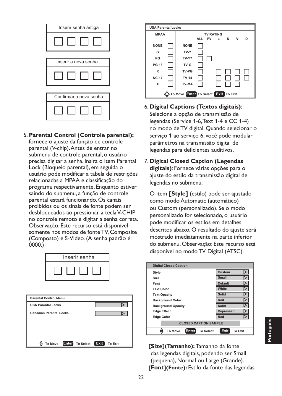 Size, Font, Estilo da fonte das legendas | AOC L47H861 User Manual | Page 107 / 112