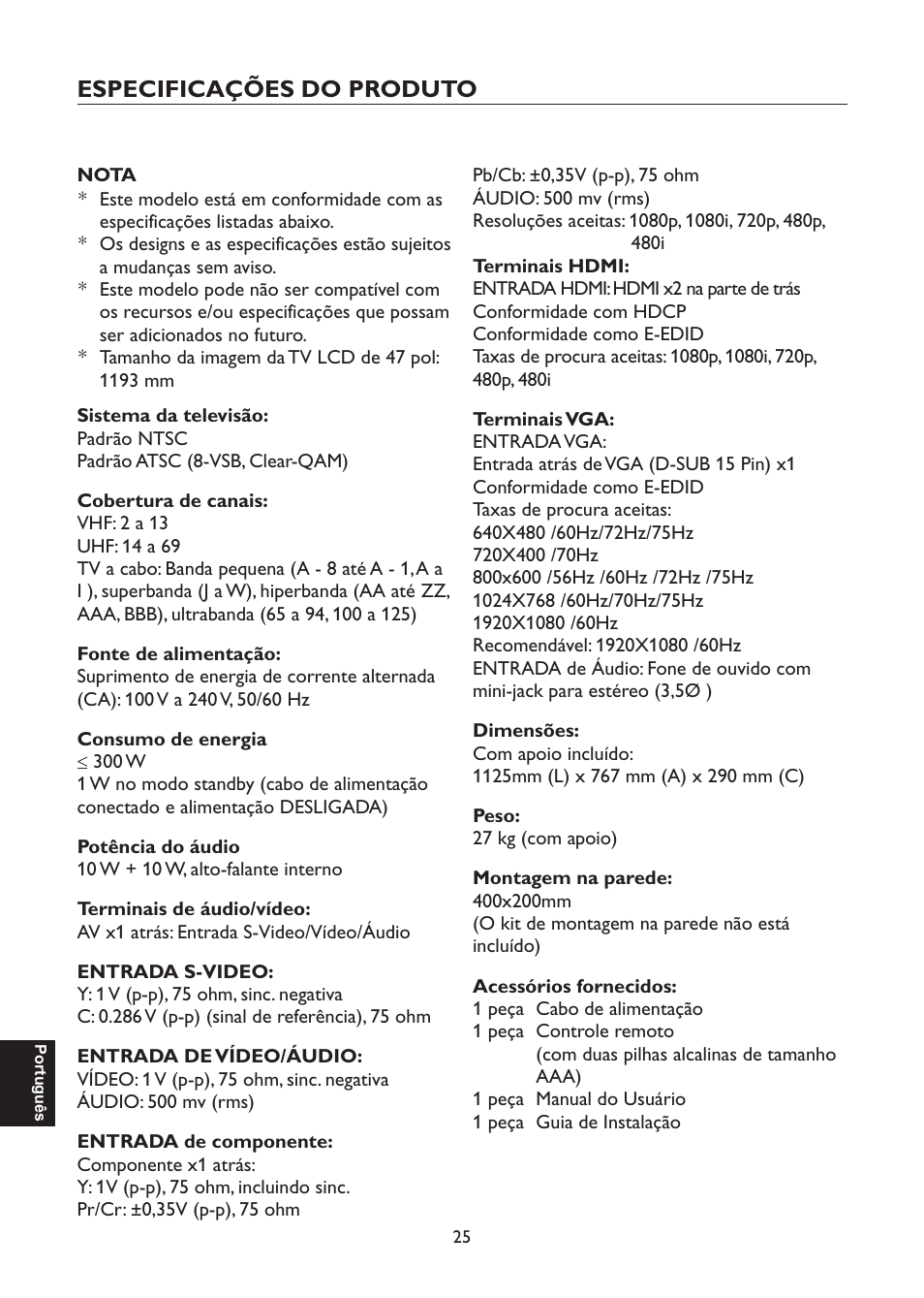 Especificações do produto | AOC L47H861 User Manual | Page 110 / 112