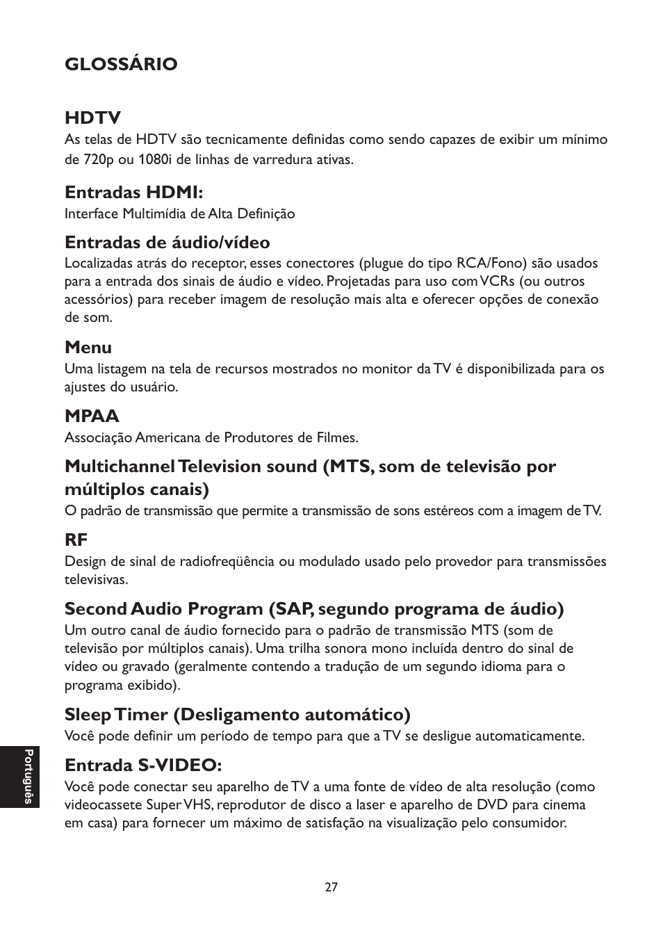 Glossário hdtv, Entradas hdmi, Entradas de áudio/vídeo | Menu, Mpaa, Sleep timer (desligamento automático), Entrada s-video | AOC L47H861 User Manual | Page 112 / 112