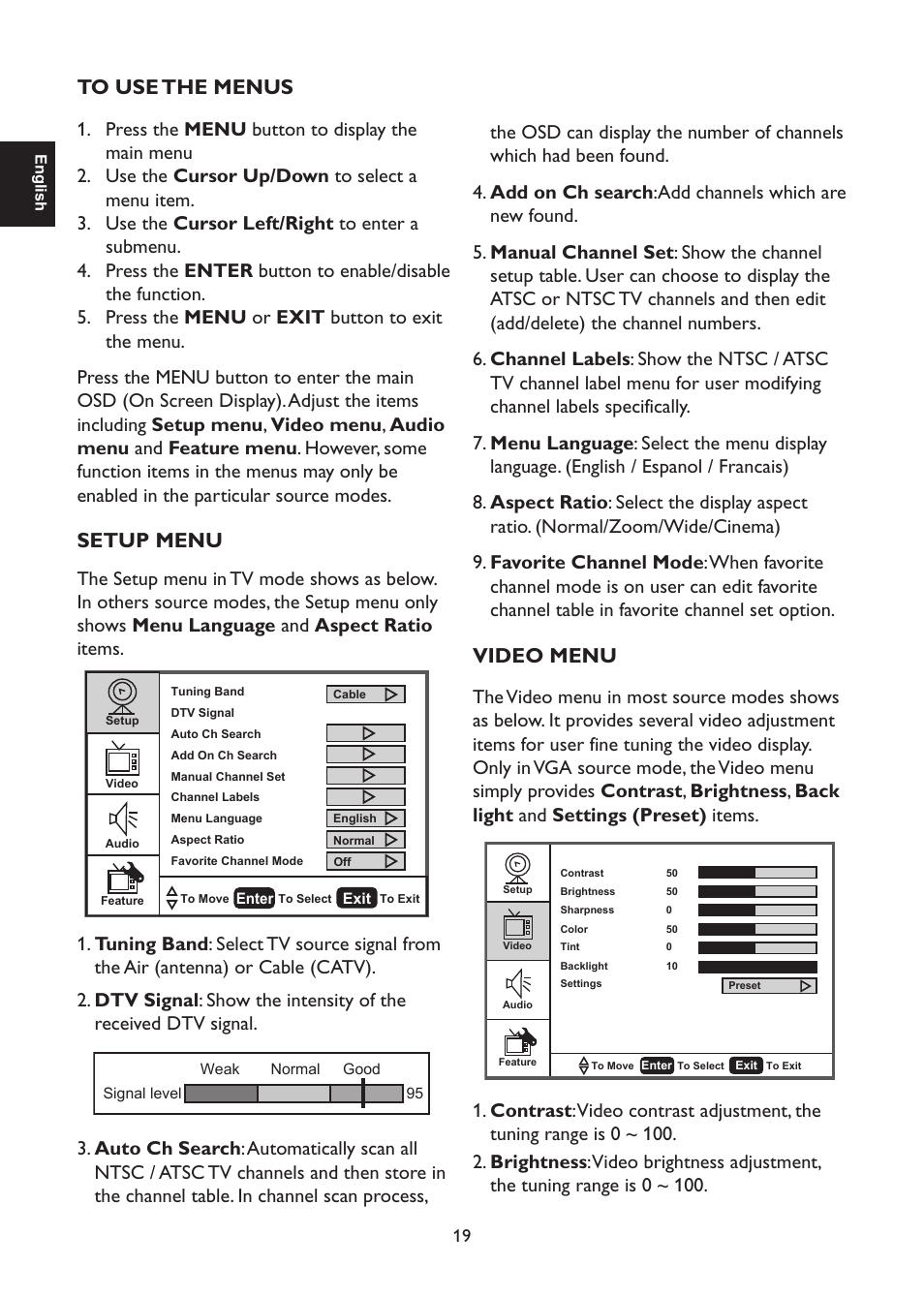 Setup menu, Video menu | AOC L47H861 User Manual | Page 20 / 112