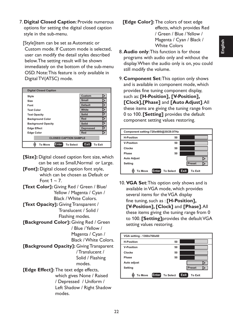 Size, Font, Text color | Text opacity, Background color, Background opacity | AOC L47H861 User Manual | Page 23 / 112