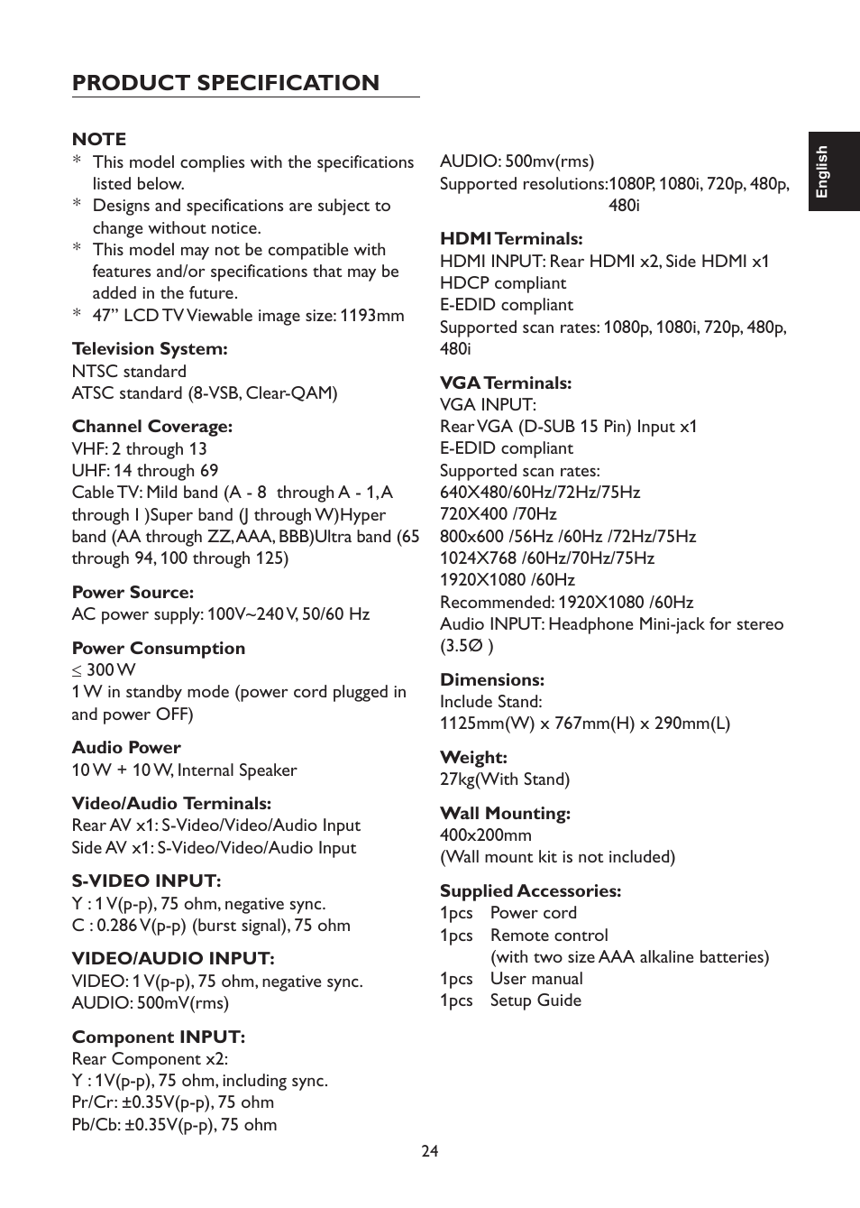 Product specification | AOC L47H861 User Manual | Page 25 / 112