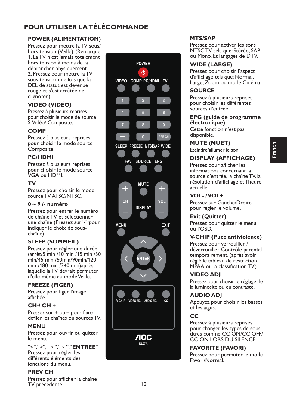 Pour utiliser la télécommande | AOC L47H861 User Manual | Page 39 / 112
