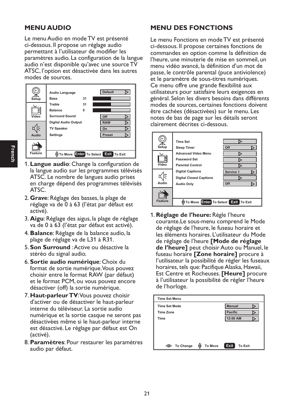 Menu audio, Menu des fonctions | AOC L47H861 User Manual | Page 50 / 112