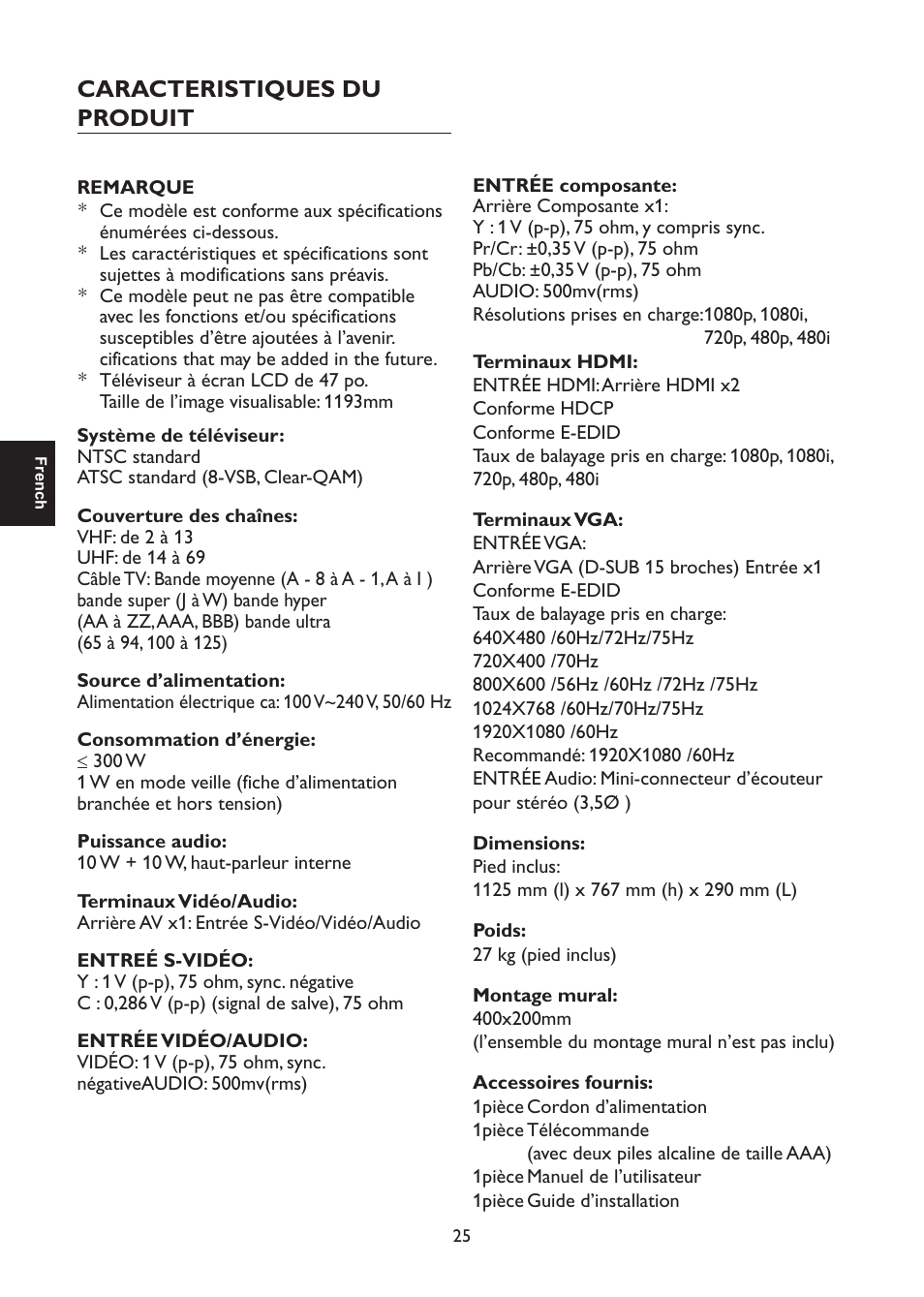 Caracteristiques du produit | AOC L47H861 User Manual | Page 54 / 112