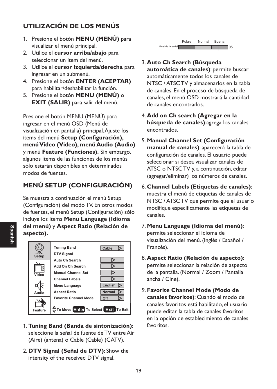 Utilización de los menús, Menú setup (configuración) | AOC L47H861 User Manual | Page 76 / 112