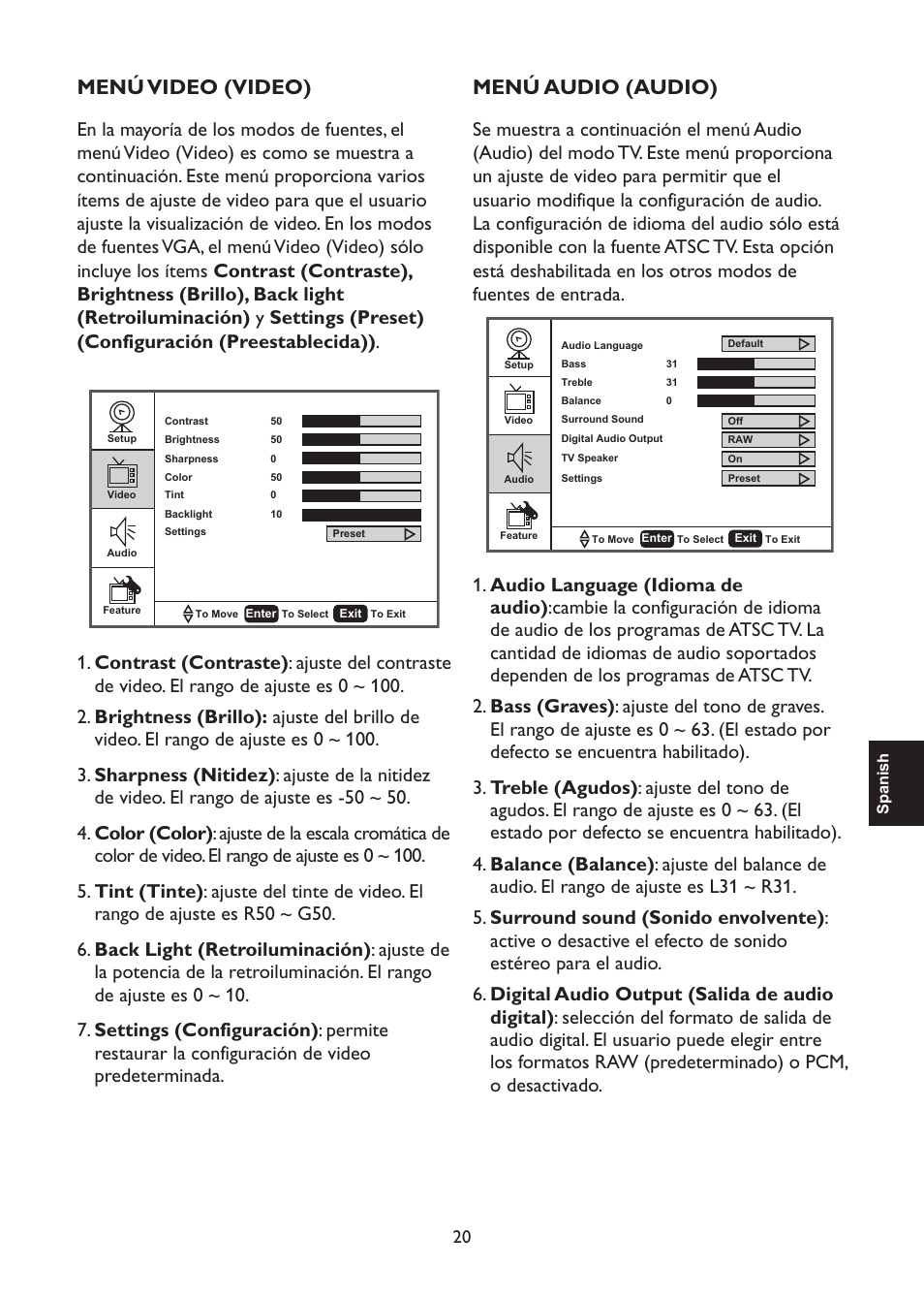 Menú video (video), Menú audio (audio) | AOC L47H861 User Manual | Page 77 / 112