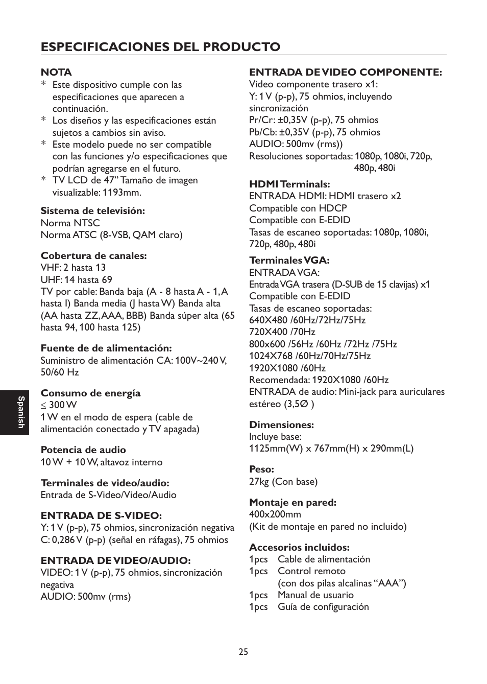 Especificaciones del producto | AOC L47H861 User Manual | Page 82 / 112