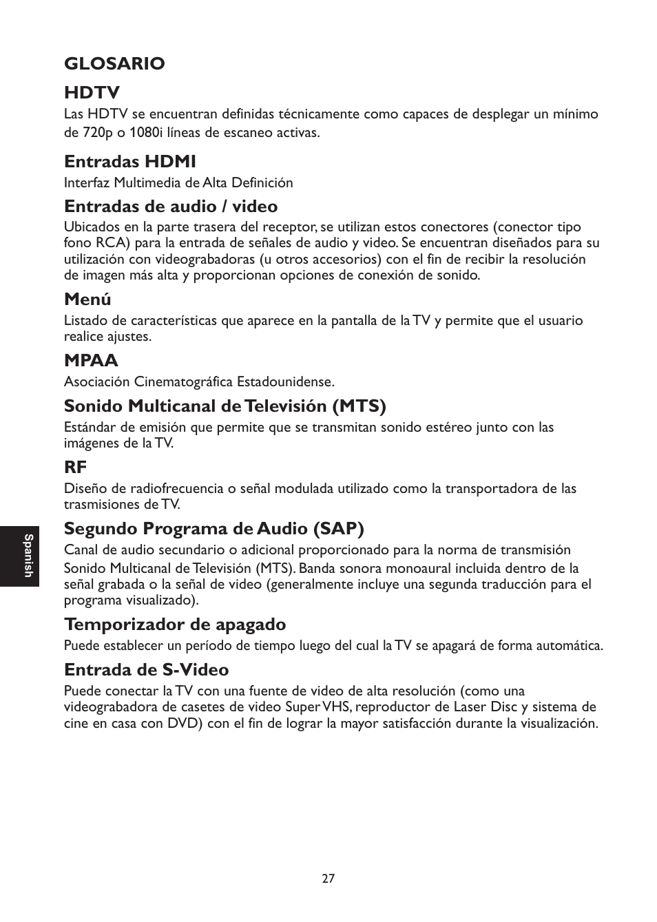 Glosario hdtv, Entradas hdmi, Entradas de audio / video | Menú, Mpaa, Sonido multicanal de televisión (mts), Segundo programa de audio (sap), Temporizador de apagado, Entrada de s-video | AOC L47H861 User Manual | Page 84 / 112