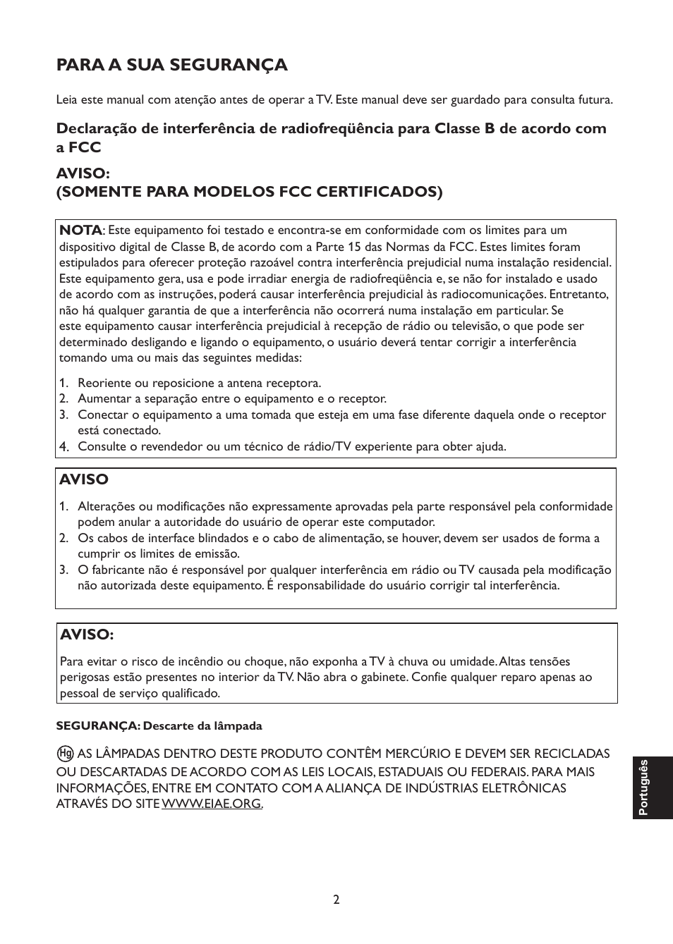 Para a sua segurança | AOC L47H861 User Manual | Page 87 / 112