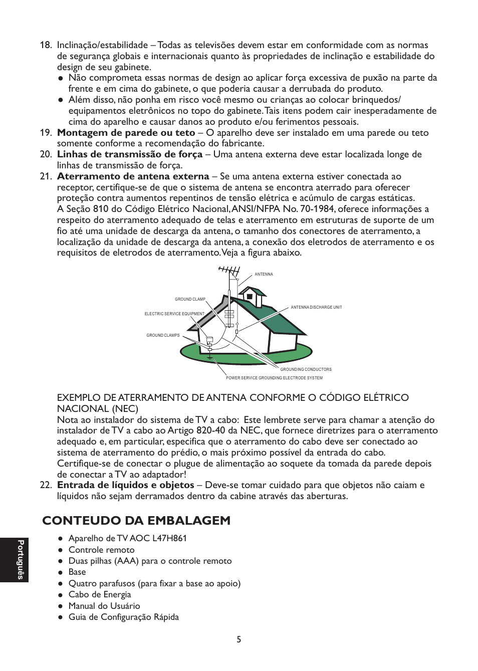 Conteudo da embalagem | AOC L47H861 User Manual | Page 90 / 112