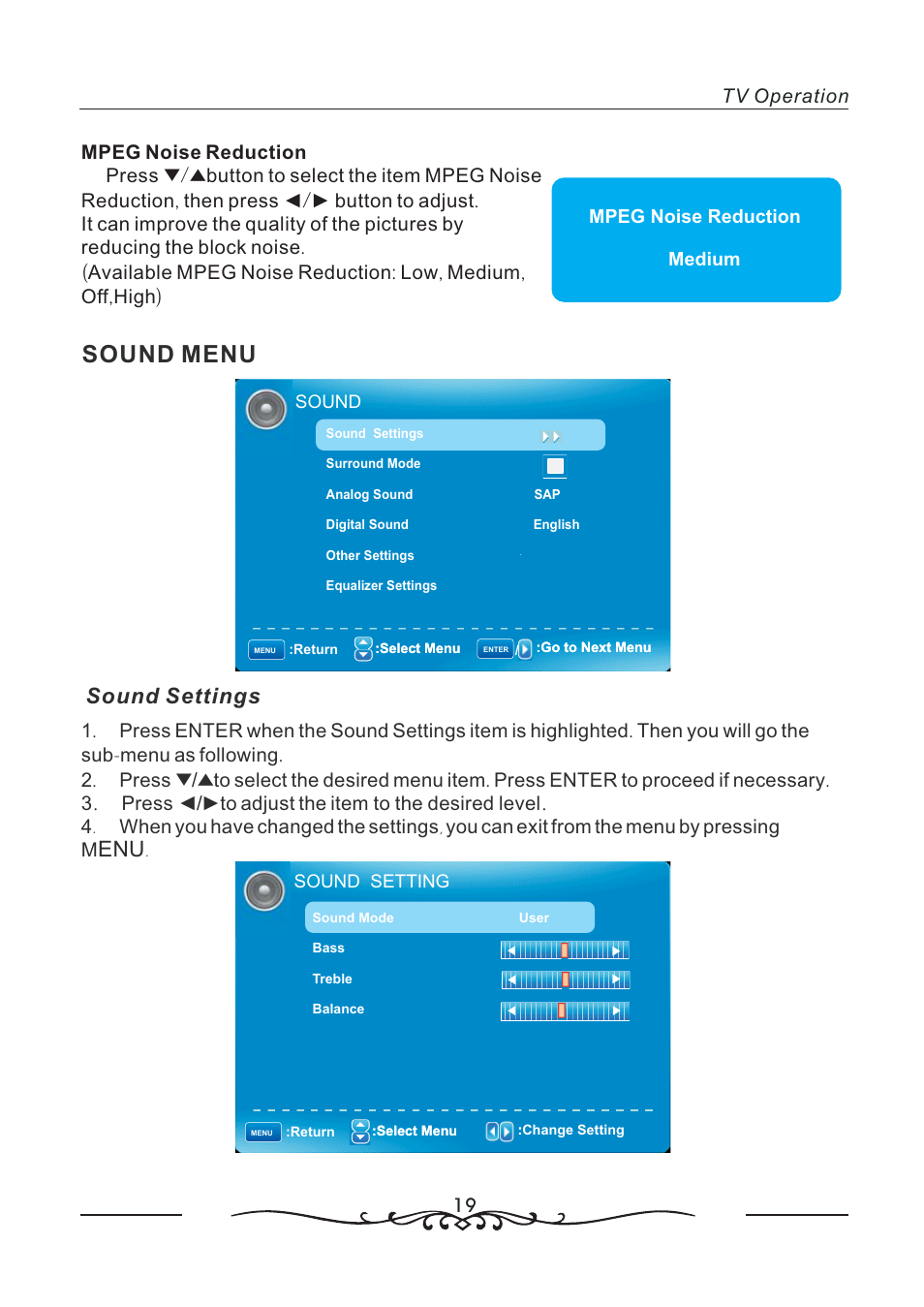 Sound menu, Sound settings | AOC LC19W060C User Manual | Page 20 / 41