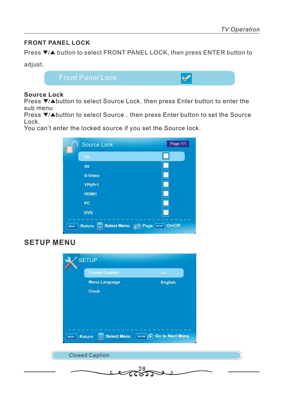 Setup menu, Front panel lock | AOC LC19W060C User Manual | Page 29 / 41