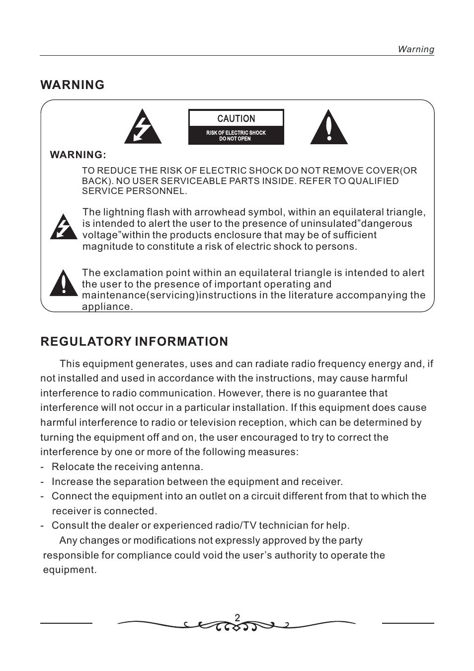 Warning, Regulatory information | AOC LC19W060C User Manual | Page 3 / 41