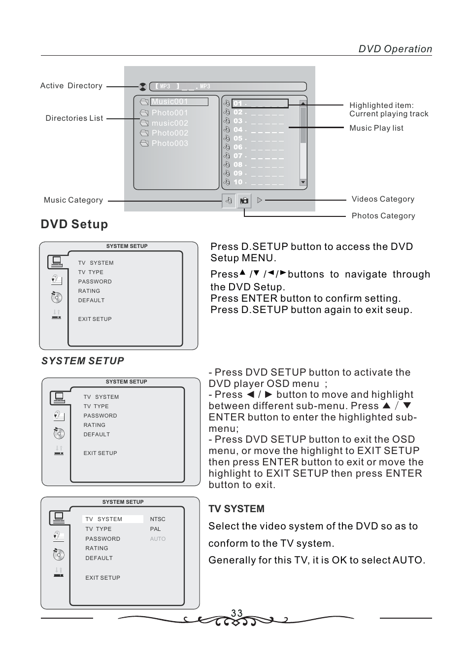 Dvd setup, 33 dvd operation, System setup | AOC LC19W060C User Manual | Page 34 / 41