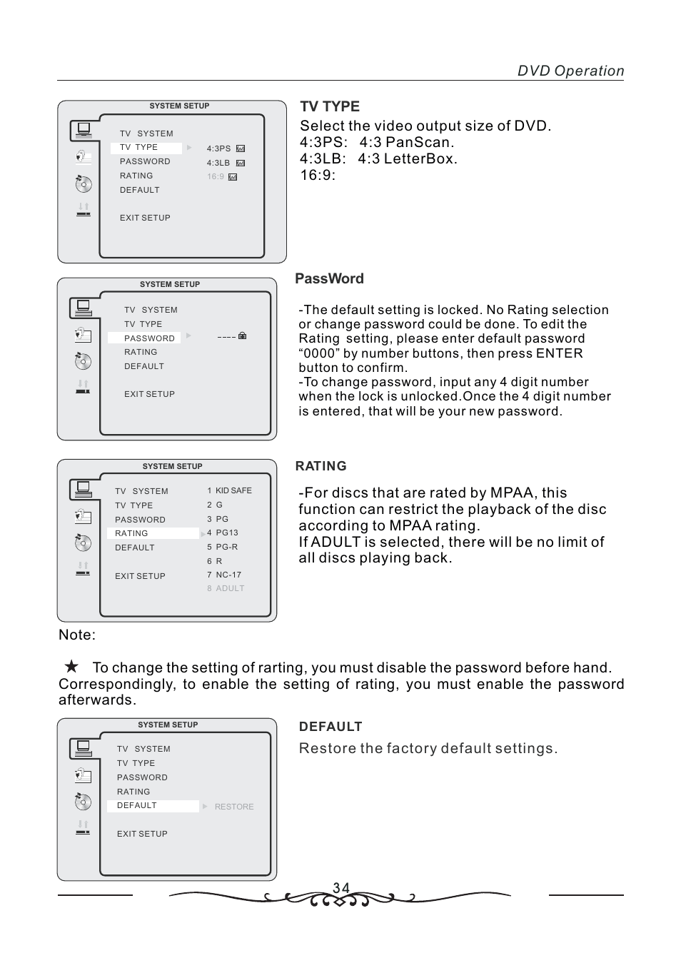 34 dvd operation tv type, Restore the factory default settings, Rating | Default | AOC LC19W060C User Manual | Page 35 / 41