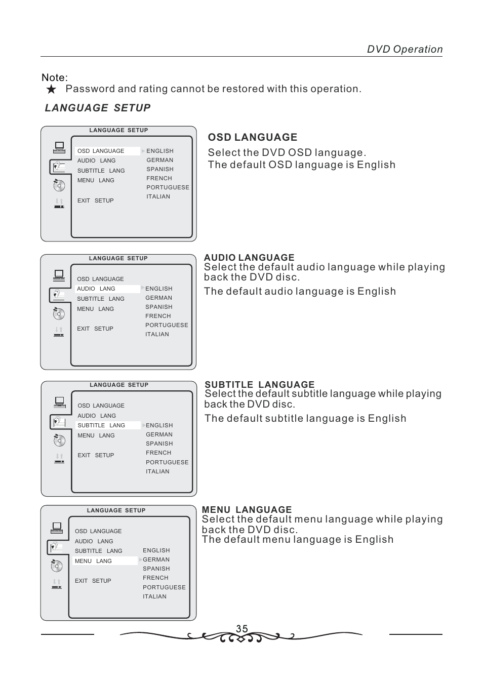 Audio language subtitle language, Menu language | AOC LC19W060C User Manual | Page 36 / 41