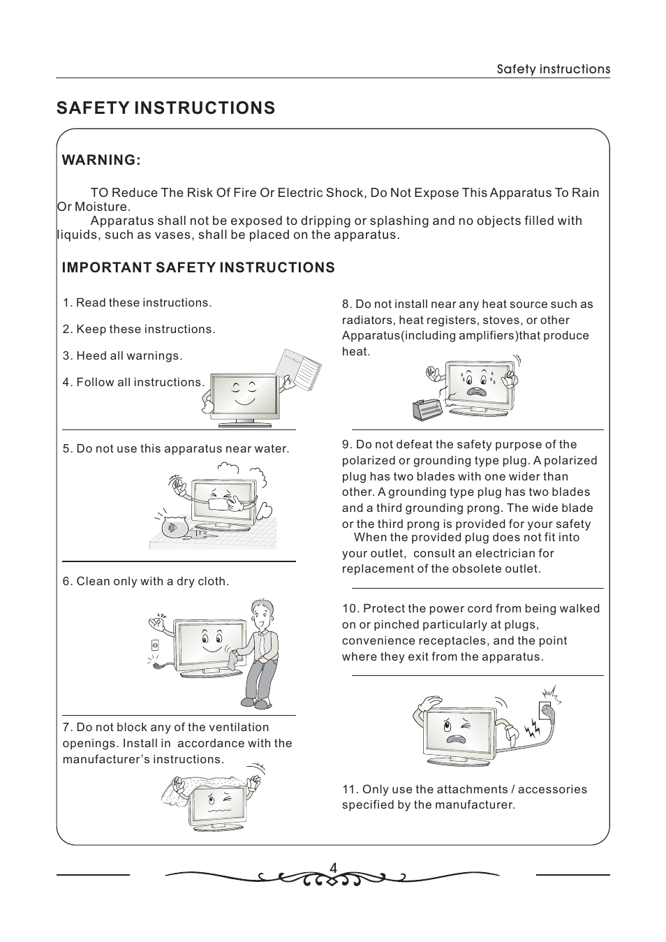 Safety instructions, Important safety instructions, Warning | AOC LC19W060C User Manual | Page 5 / 41