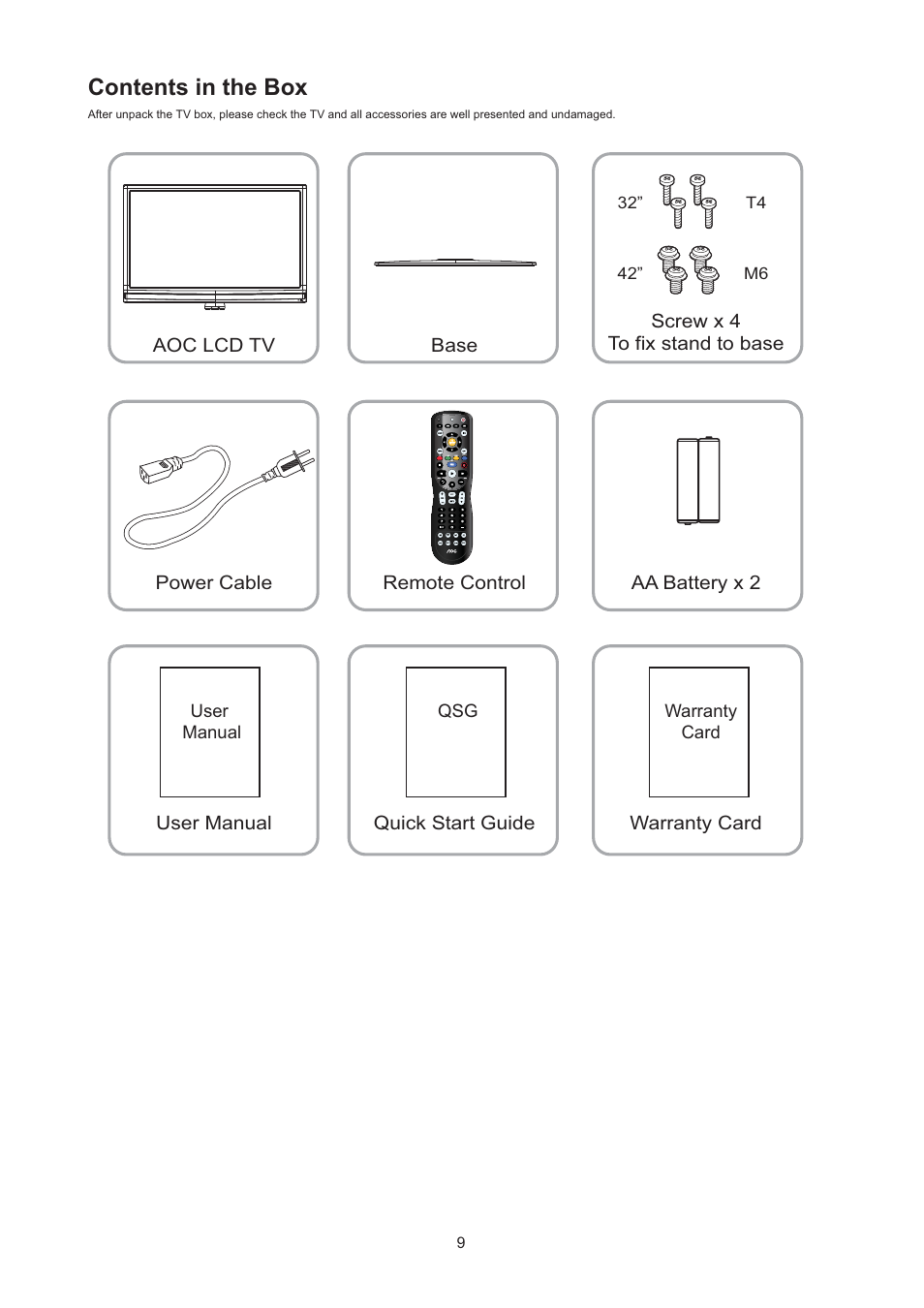 Contents in the box | AOC LC32H063D User Manual | Page 10 / 54