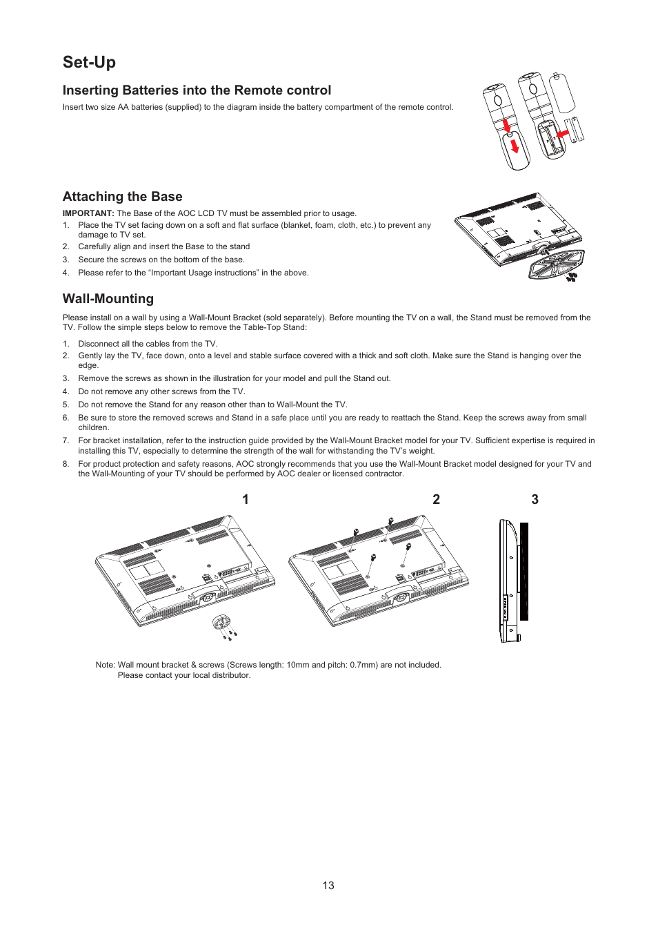 Set-up, Inserting batteries into the remote control, Attaching the base | Wall-mounting | AOC LC32H063D User Manual | Page 14 / 54