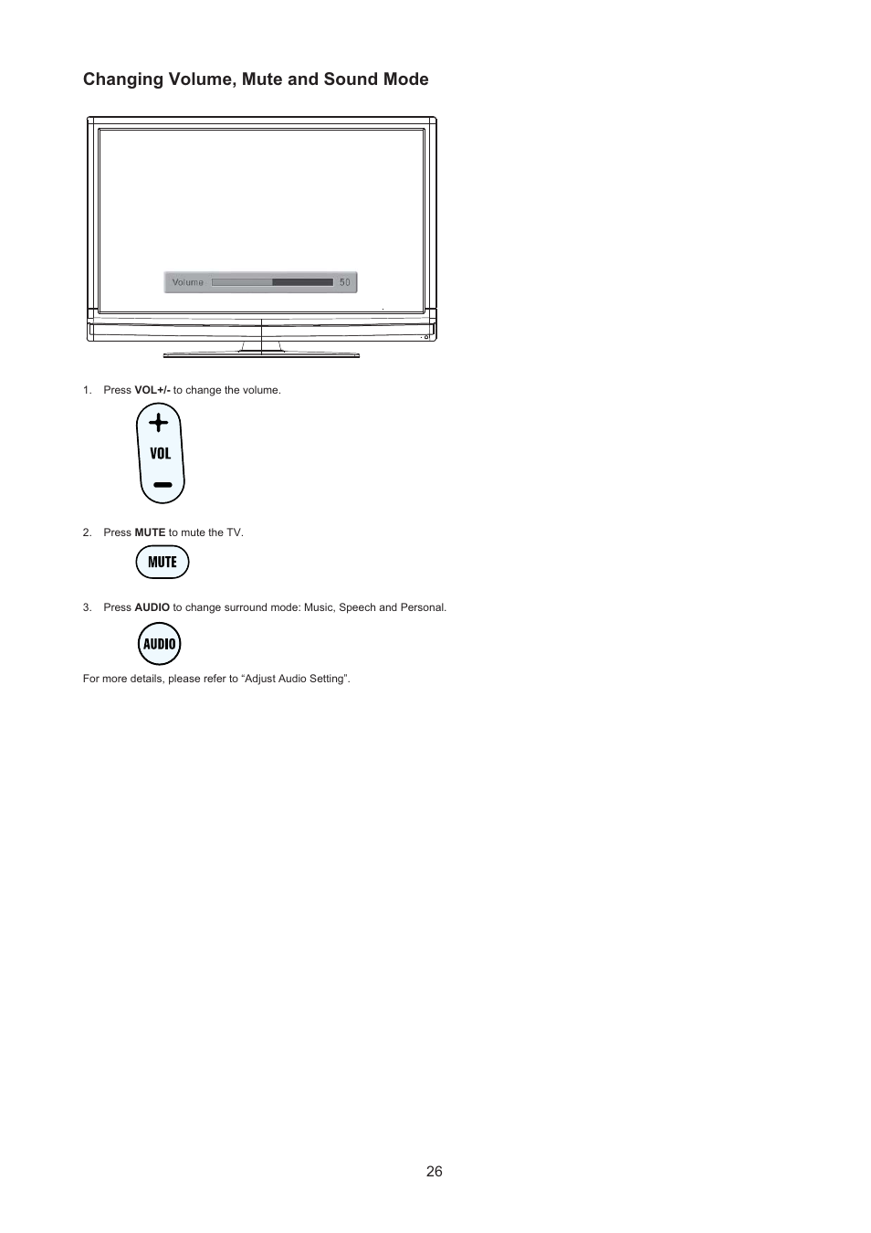 Changing volume, mute and sound mode | AOC LC32H063D User Manual | Page 27 / 54