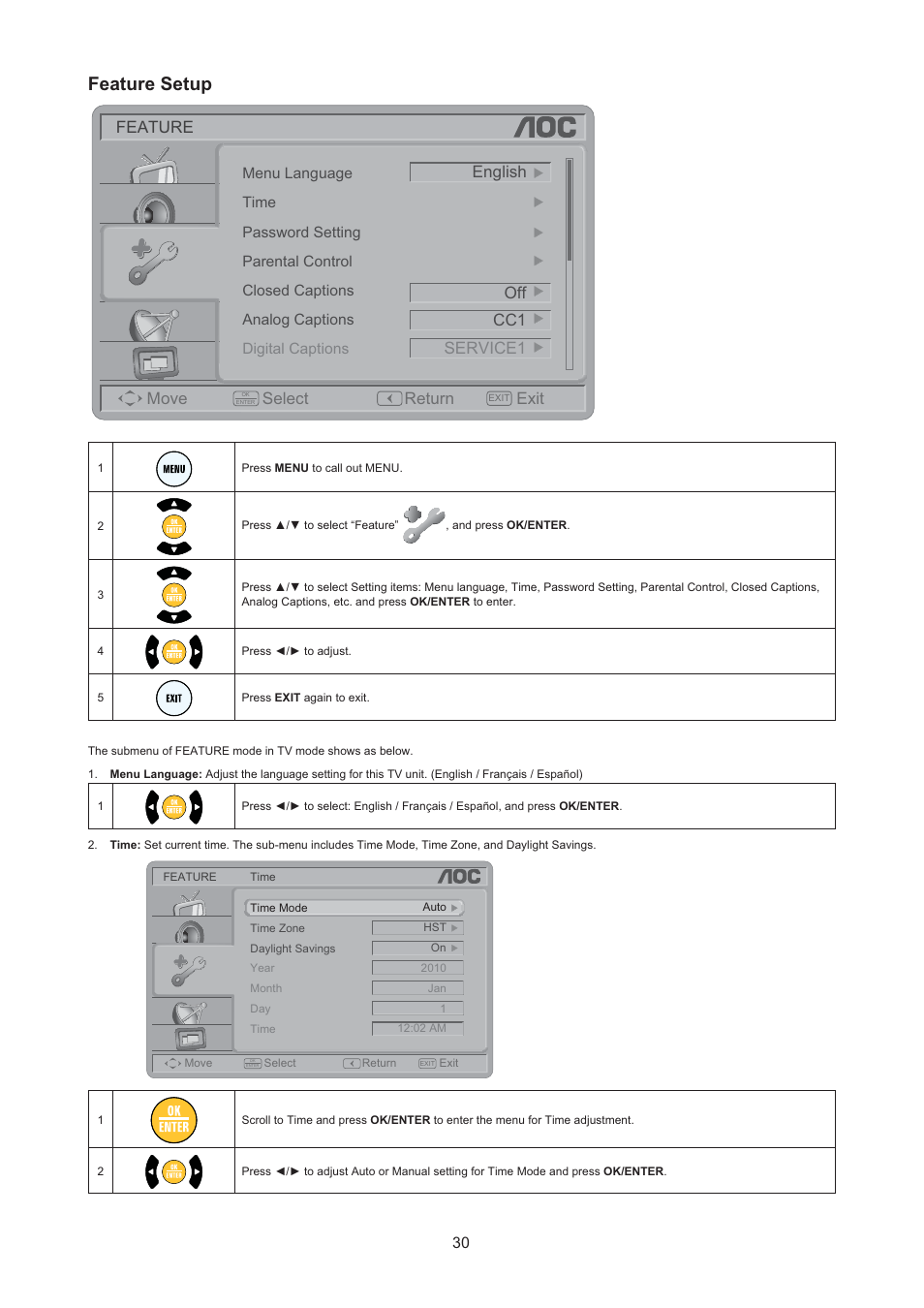 Feature setup, Feature move select return exit, Service1 cc1 off | English | AOC LC32H063D User Manual | Page 31 / 54