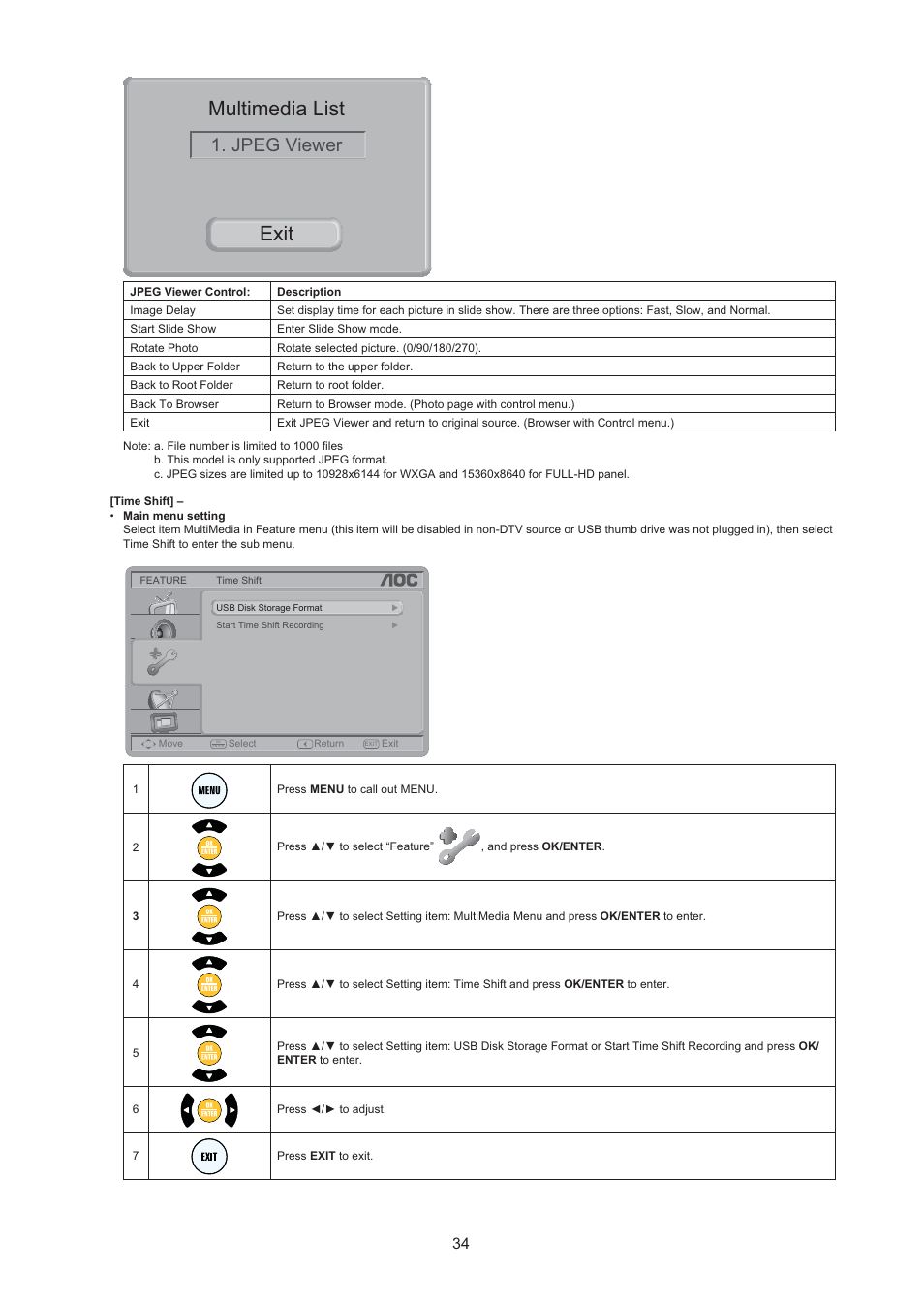 Multimedia list, Exit, Jpeg viewer | AOC LC32H063D User Manual | Page 35 / 54