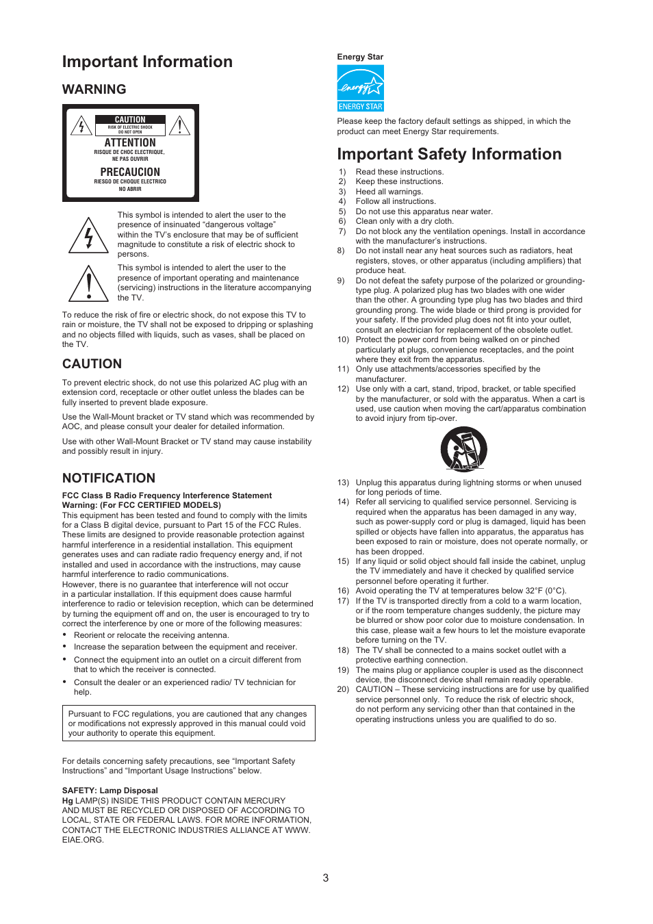 Important information, Important safety information, Warning | Caution, Notification, Attention, Precaucion | AOC LC32H063D User Manual | Page 4 / 54
