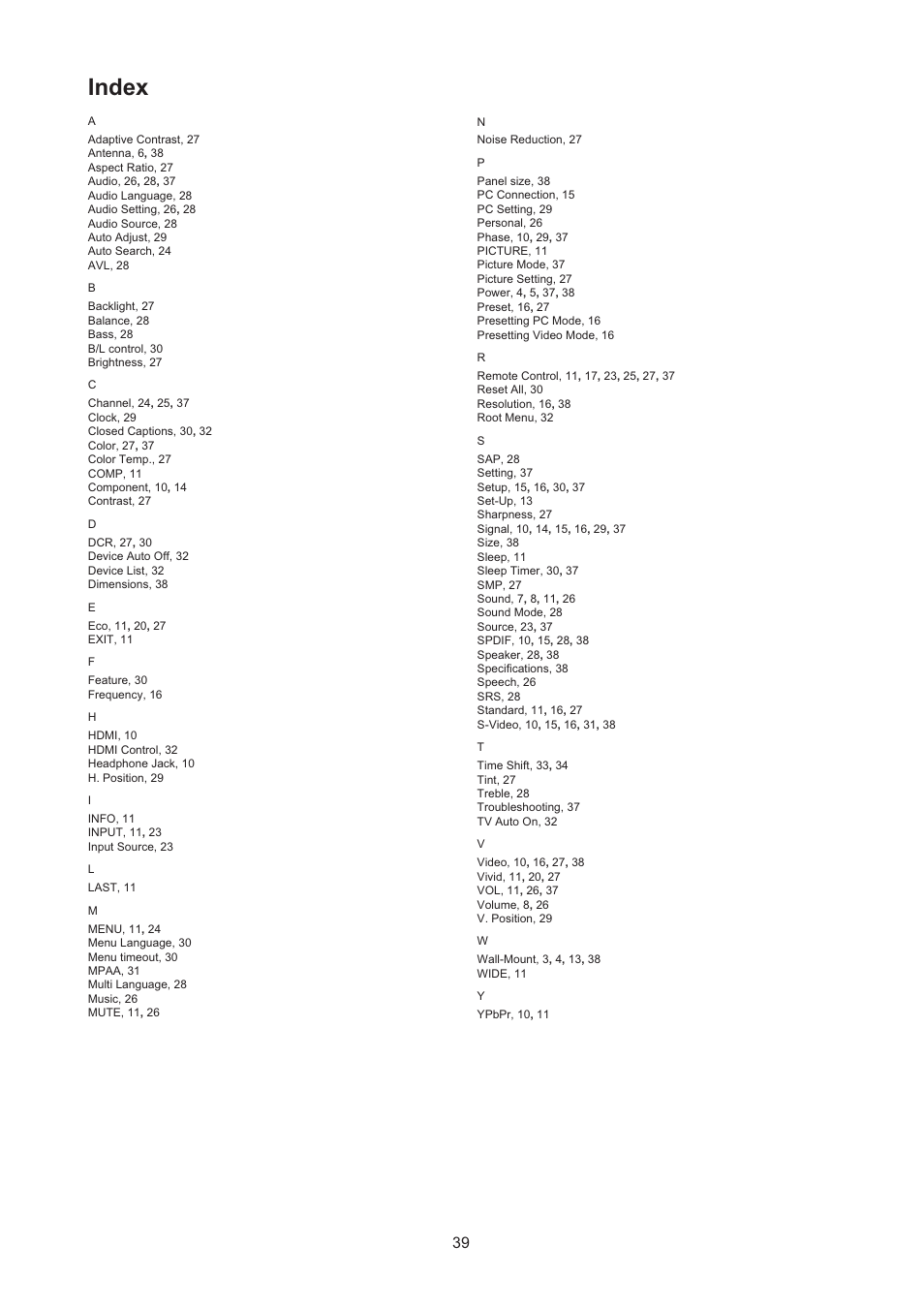 Index | AOC LC32H063D User Manual | Page 40 / 54