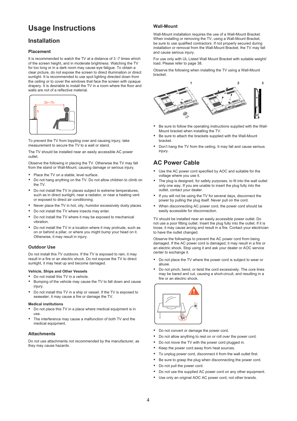 Usage instructions, Installation, Ac power cable | AOC LC32H063D User Manual | Page 5 / 54