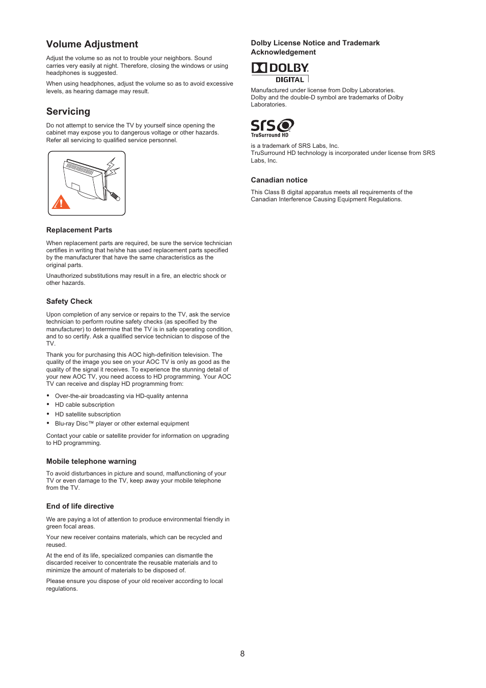 Volume adjustment, Servicing | AOC LC32H063D User Manual | Page 9 / 54