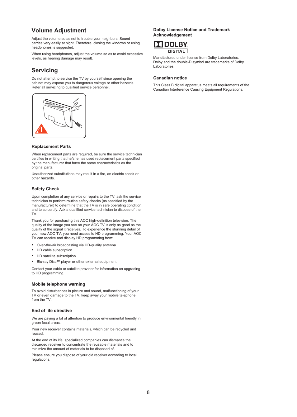 Volume adjustment, Servicing | AOC LC32W063 User Manual | Page 9 / 37